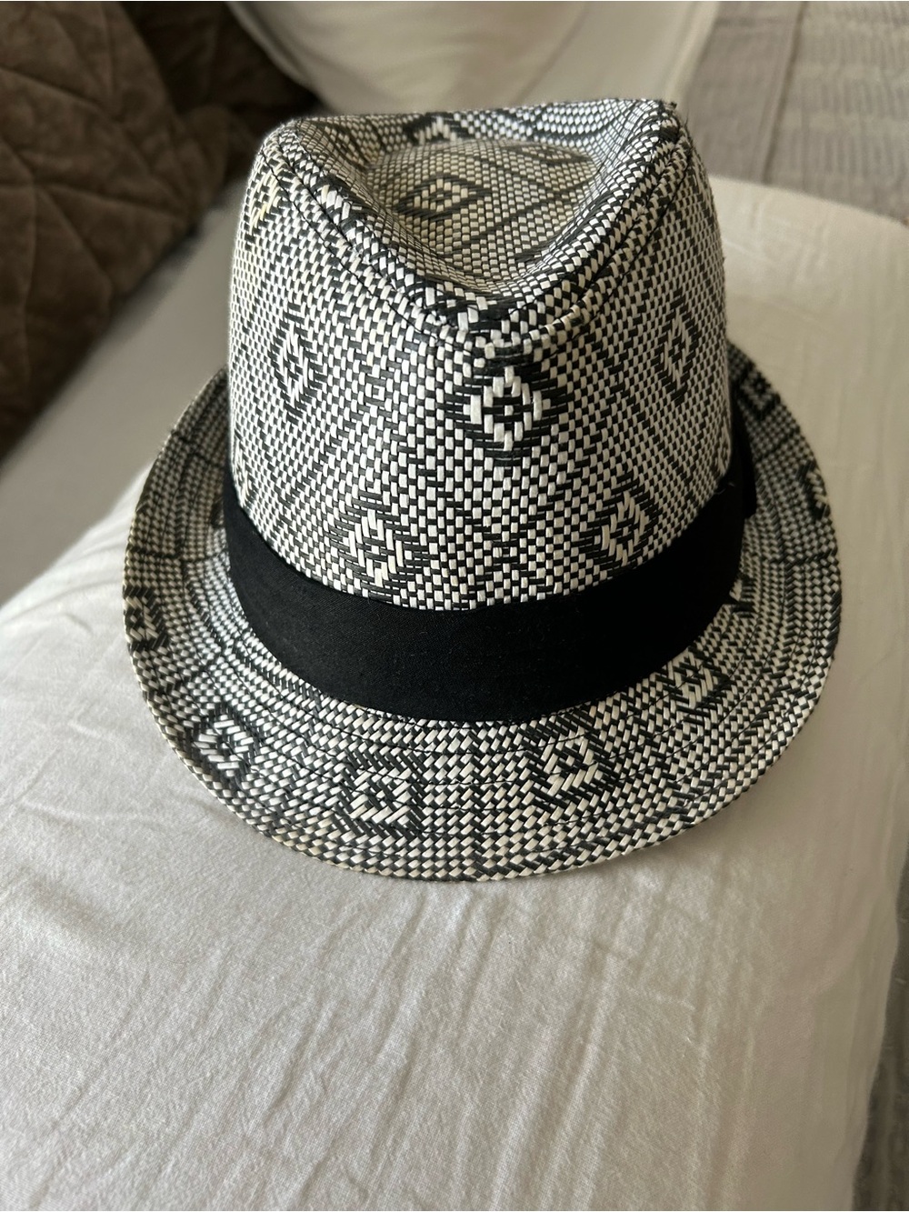 Black & White Patterned Fedora Hat - Classic Straw Look